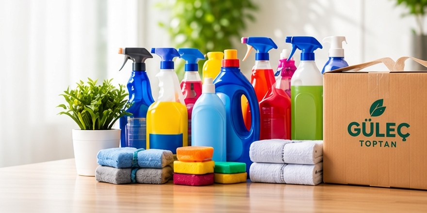 Ahşap masa üzerinde renkli temizlik ürünleri, süngerler, havlular ve Güleç Toptan logolu koli