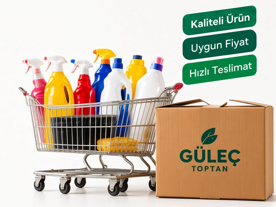Temizlik ürünleriyle dolu alışveriş arabası ve Güleç Toptan logolu koli; Kaliteli Ürün, Uygun Fiyat, Hızlı Teslimat etiketleri